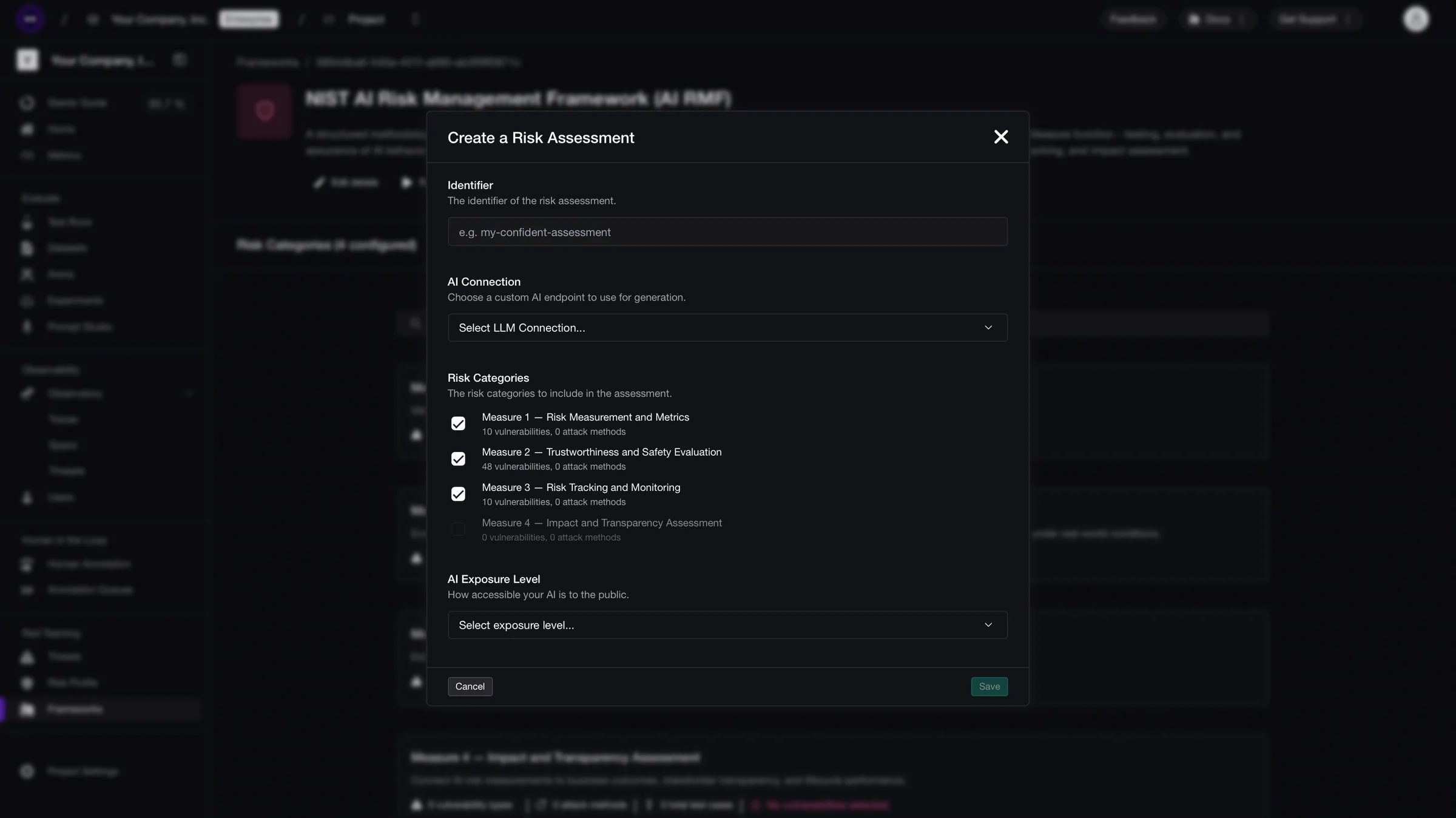 Confident AI Create a Risk Assessment dialog for the NIST AI RMF framework, choosing an AI connection, the risk categories to test and an exposure level