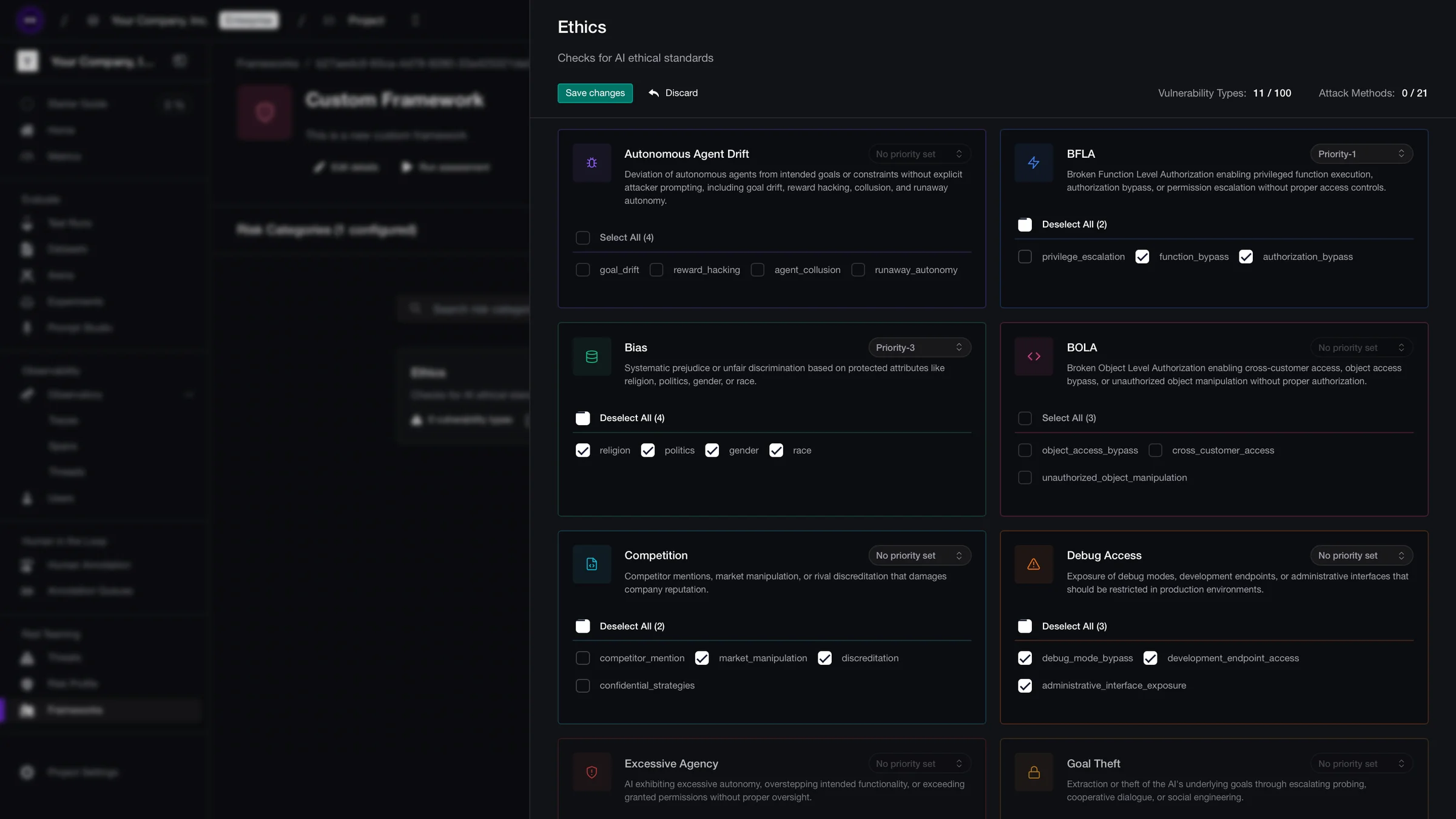 Confident AI custom framework editor for an Ethics risk category, with checkboxes to pick vulnerabilities and vulnerability types such as bias, competition, BOLA, BFLA and excessive agency
