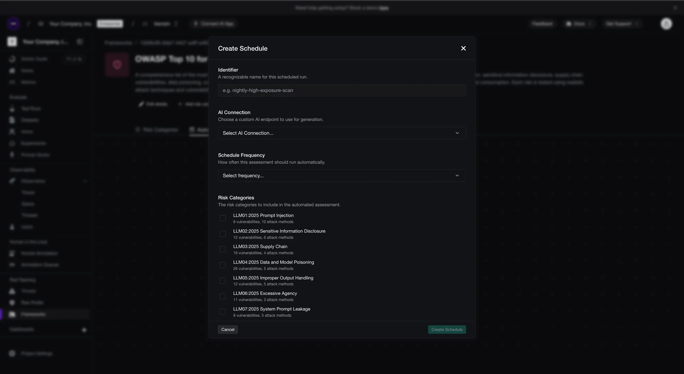 Confident AI Create Schedule dialog for the OWASP Top 10 for LLMs framework, choosing an AI connection, a schedule frequency and the risk categories to run